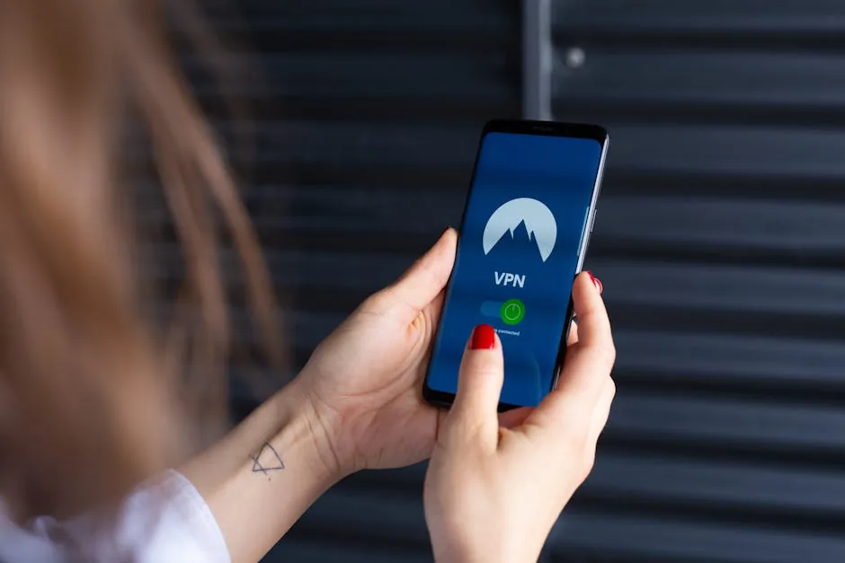 Close-up of a woman's hands using a VPN app on a smartphone, emphasizing digital security.
